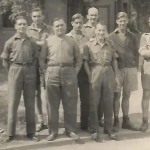 Group of POWs in Oflag 79, part of a group that called themselves ‘The Brunswick CampPrinters’. Ltn F P (Pete) Jordan is 4th from left.